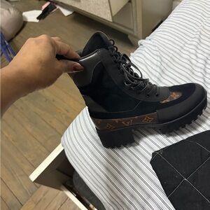 Louis Vuitton Black and Brown Monogram Lace-Up Boots